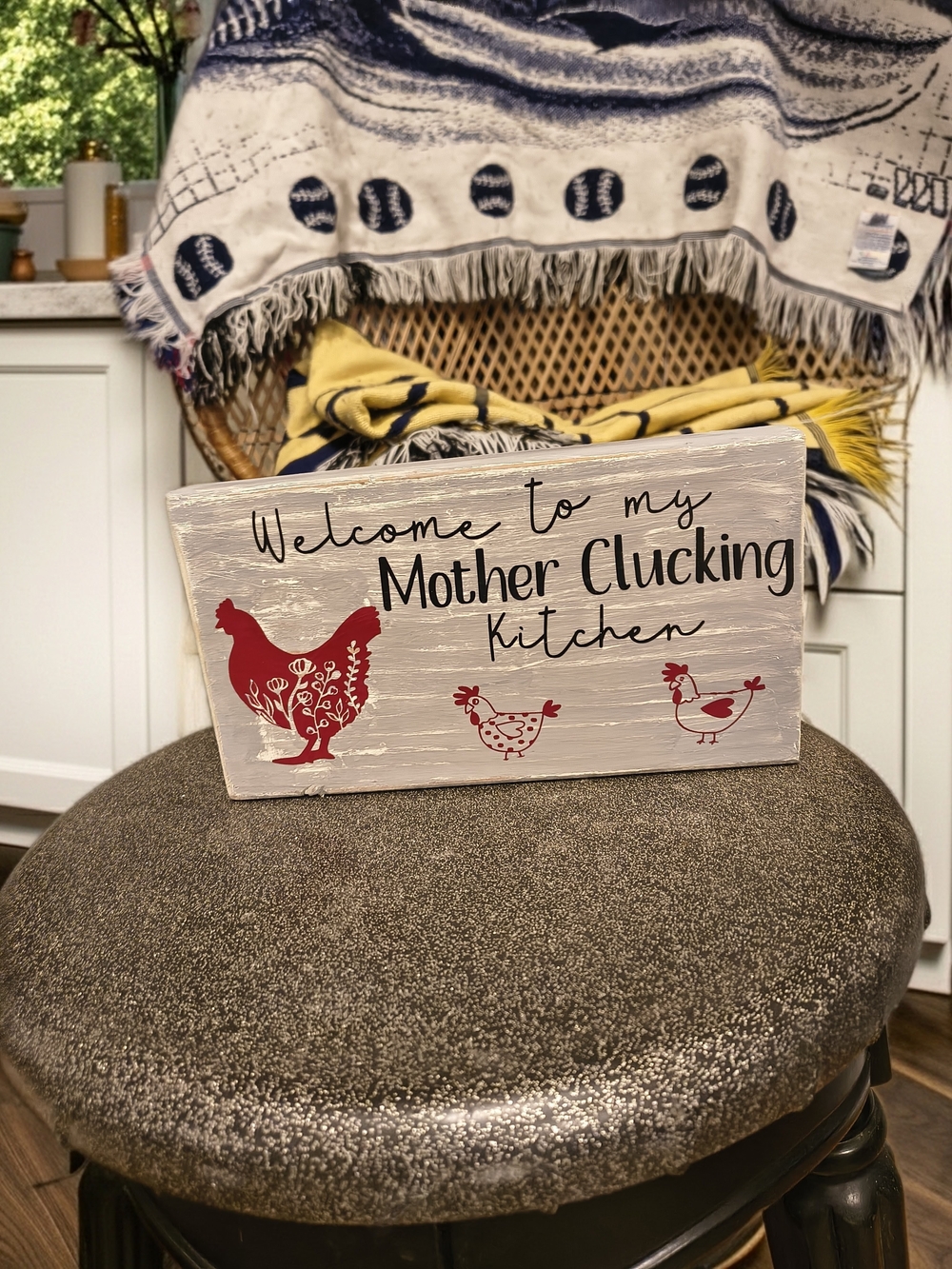 Farmhouse 'Mother Clucking Kitchen' Wood Sign in Red & Cream